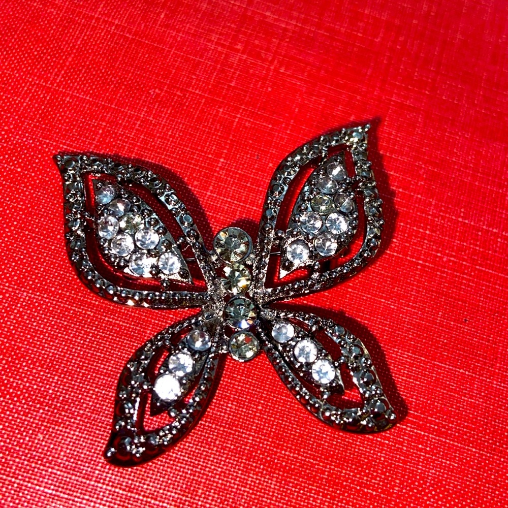 Vintage 90s Gunmetal Toned Alloy & Rhinestoned Butterfly